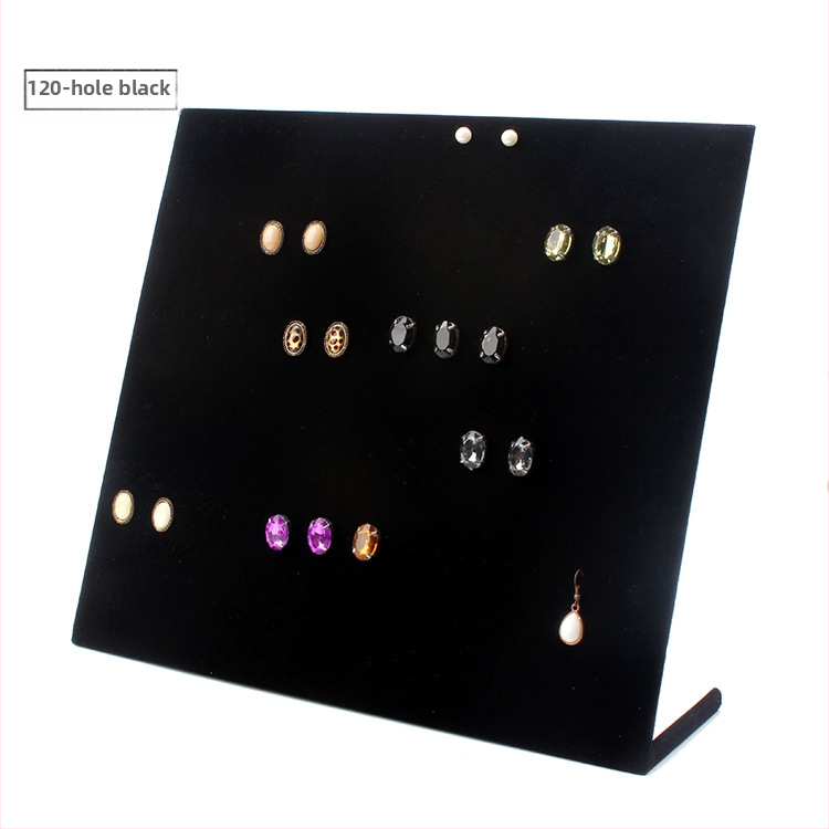 Stolný výstavný stojan na šperky: stojan na náušnice, náhrdelníky a náramky, z hustej dosky s flanelovým krytím, tvaru L, jednovrstvový, umelecký štýl