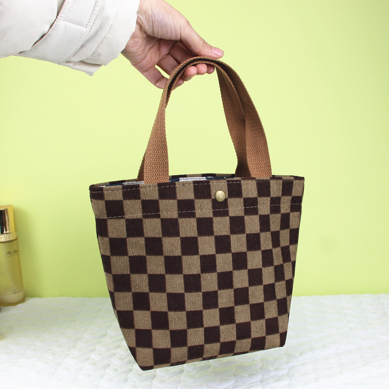 Corduroy vintage kézitáska ebédhez nőknek — horizontális négyszögletes forma, mágneszáras zárás, pamut bélés, városi stílus