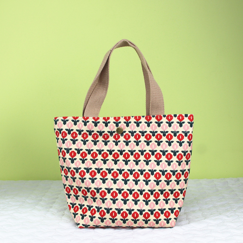 Corduroy vintage kézitáska ebédhez nőknek — horizontális négyszögletes forma, mágneszáras zárás, pamut bélés, városi stílus