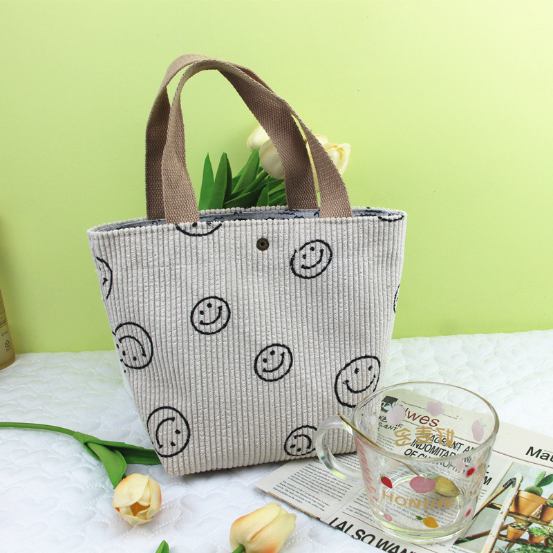 Corduroy vintage kézitáska ebédhez nőknek — horizontális négyszögletes forma, mágneszáras zárás, pamut bélés, városi stílus