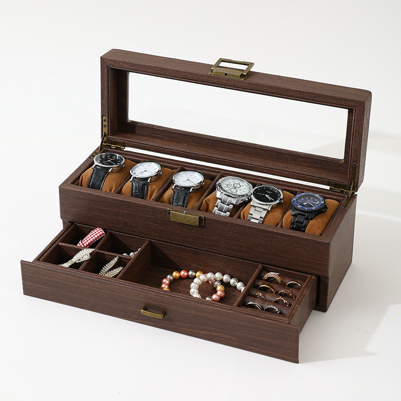 Дървен дисплей за бижута и часовници, 2 нива, настолен дисплей, многофункционална кутия за съхранение