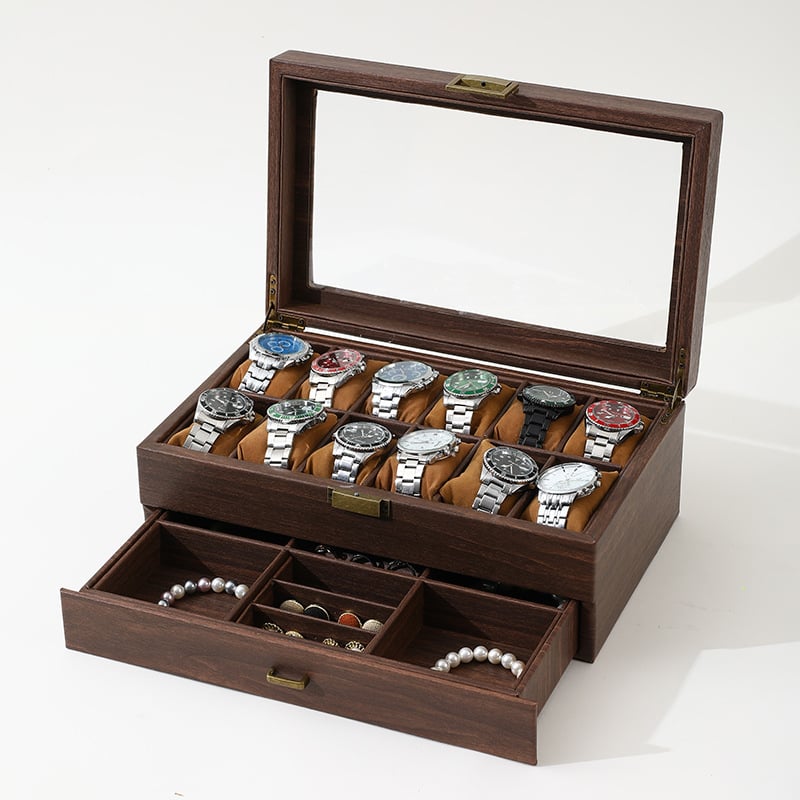 Дървен дисплей за бижута и часовници, 2 нива, настолен дисплей, многофункционална кутия за съхранение