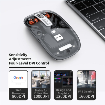 Bezdrôtová Bluetooth myš s dvojitým režimom nabíjania USB-C, 2.4G + Bluetooth, 5 tlačidiel, 400mAh batéria, DPI 800–1600