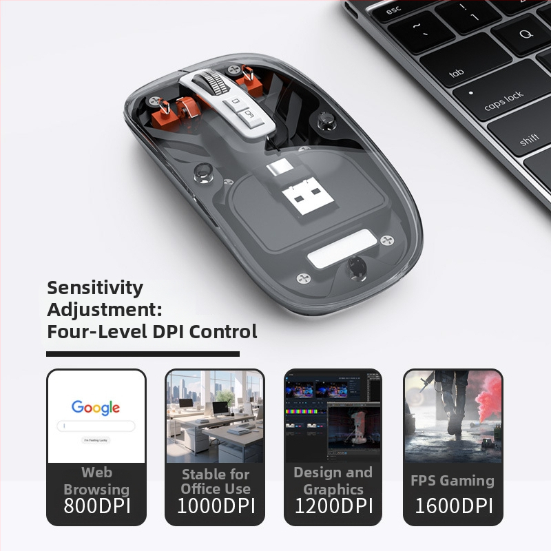 Bezdrôtová Bluetooth myš s dvojitým režimom nabíjania USB-C, 2.4G + Bluetooth, 5 tlačidiel, 400mAh batéria, DPI 800–1600