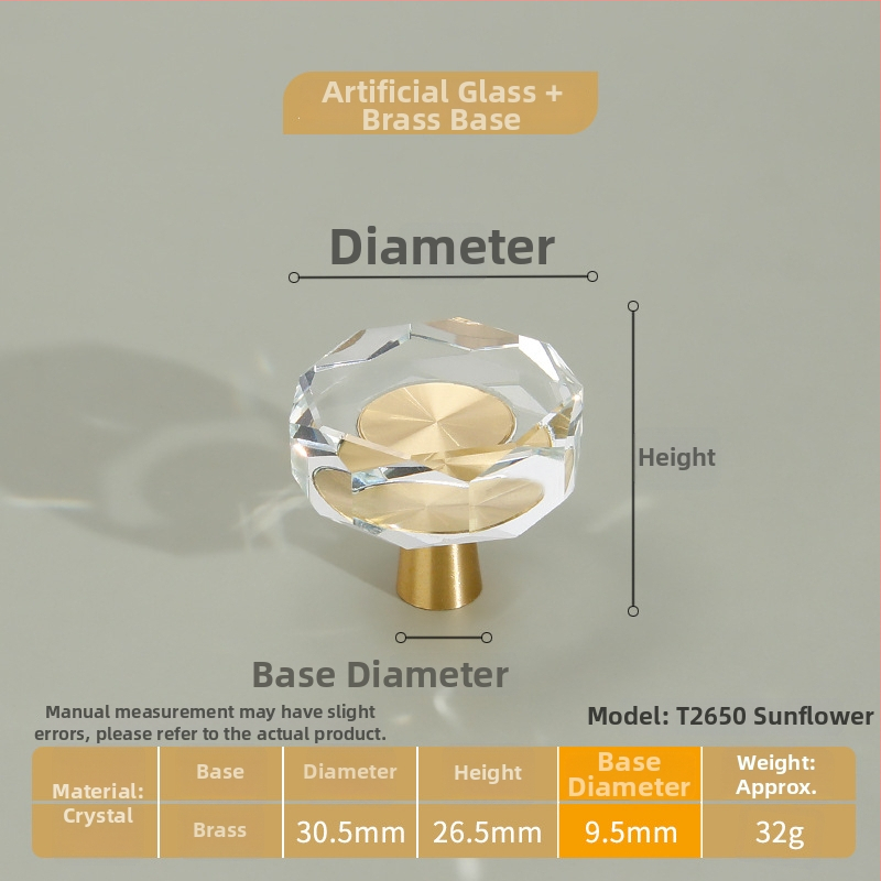 Λαβή ντουλαπιών από κρύσταλλο διαφανές με σώμα από καθαρό χαλκό, στερέωση με μία οπή; στυλ ελαφριάς πολυτέλειας; κατάλληλη για πόρτες ντουλαπιών, ντουλάπες και συρτάρια.
