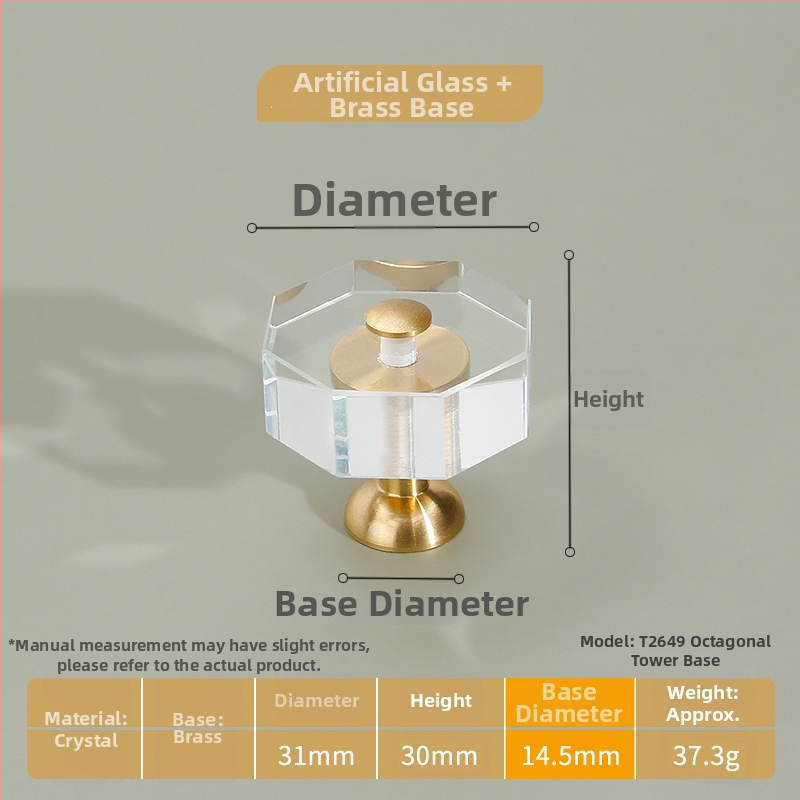 Λαβή ντουλαπιών από κρύσταλλο διαφανές με σώμα από καθαρό χαλκό, στερέωση με μία οπή; στυλ ελαφριάς πολυτέλειας; κατάλληλη για πόρτες ντουλαπιών, ντουλάπες και συρτάρια.