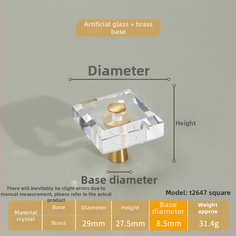 Λαβή ντουλαπιών από κρύσταλλο διαφανές με σώμα από καθαρό χαλκό, στερέωση με μία οπή; στυλ ελαφριάς πολυτέλειας; κατάλληλη για πόρτες ντουλαπιών, ντουλάπες και συρτάρια.