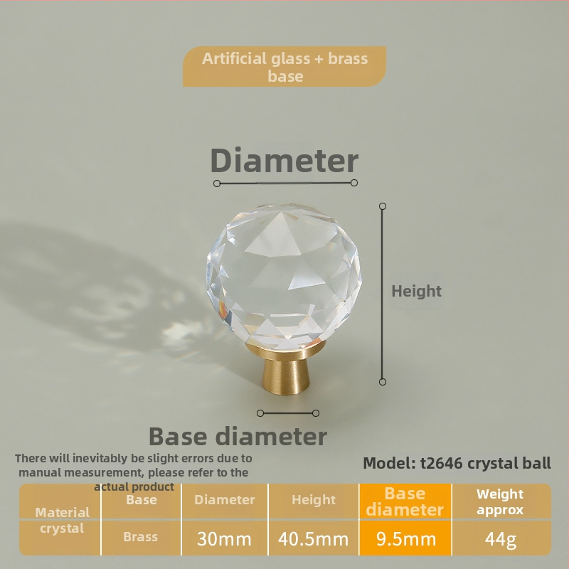 Λαβή ντουλαπιών από κρύσταλλο διαφανές με σώμα από καθαρό χαλκό, στερέωση με μία οπή; στυλ ελαφριάς πολυτέλειας; κατάλληλη για πόρτες ντουλαπιών, ντουλάπες και συρτάρια.