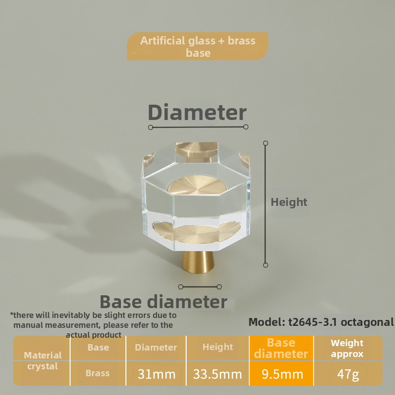 Λαβή ντουλαπιών από κρύσταλλο διαφανές με σώμα από καθαρό χαλκό, στερέωση με μία οπή; στυλ ελαφριάς πολυτέλειας; κατάλληλη για πόρτες ντουλαπιών, ντουλάπες και συρτάρια.