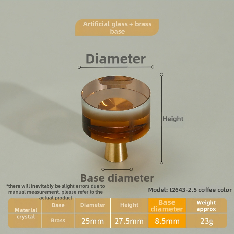 Λαβή ντουλαπιών από κρύσταλλο διαφανές με σώμα από καθαρό χαλκό, στερέωση με μία οπή; στυλ ελαφριάς πολυτέλειας; κατάλληλη για πόρτες ντουλαπιών, ντουλάπες και συρτάρια.