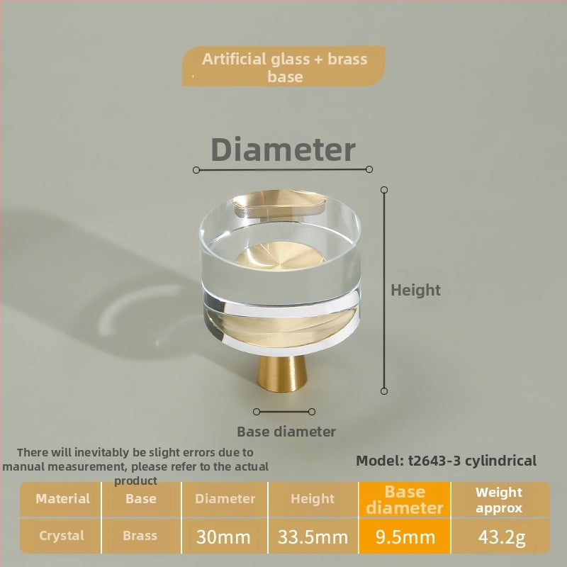Λαβή ντουλαπιών από κρύσταλλο διαφανές με σώμα από καθαρό χαλκό, στερέωση με μία οπή; στυλ ελαφριάς πολυτέλειας; κατάλληλη για πόρτες ντουλαπιών, ντουλάπες και συρτάρια.