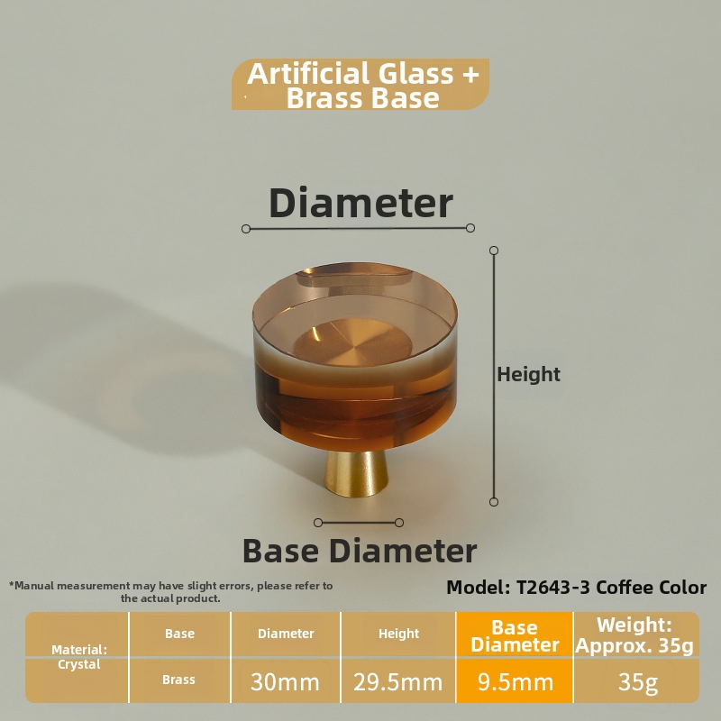 Λαβή ντουλαπιών από κρύσταλλο διαφανές με σώμα από καθαρό χαλκό, στερέωση με μία οπή; στυλ ελαφριάς πολυτέλειας; κατάλληλη για πόρτες ντουλαπιών, ντουλάπες και συρτάρια.