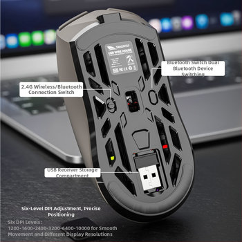Smailwolf optická bezdrôtová herná myš s Bluetooth a 2,4G, 10000 DPI, USB rozhranie, dosah 10 m, 6 tlačidiel
