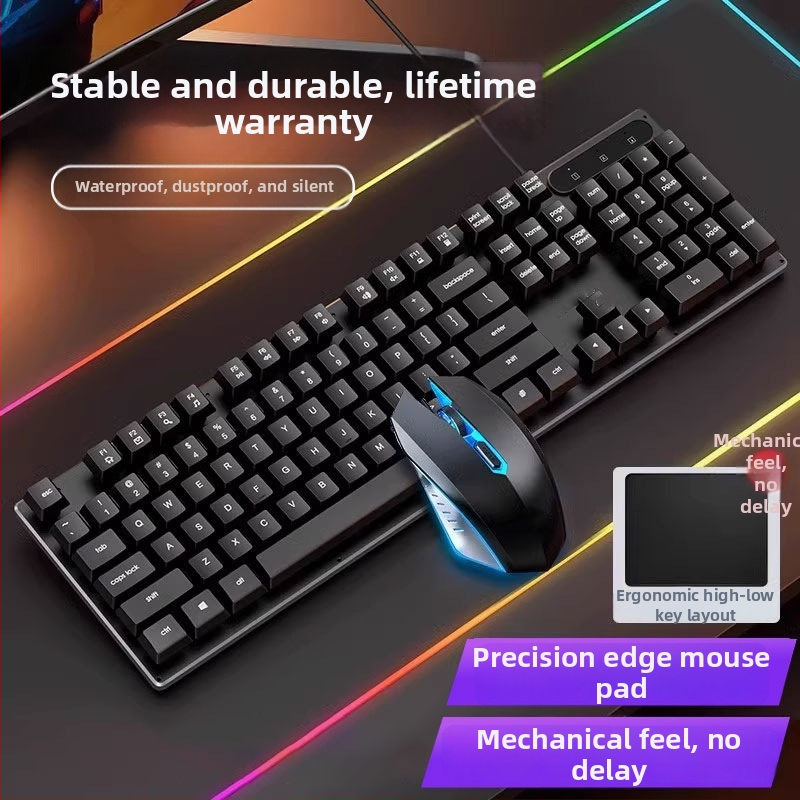Káblový set klávesnice a myši s mechanickým pocitom, podsvietením, tichý, pre desktop a notebook – kancelária a gaming Esports