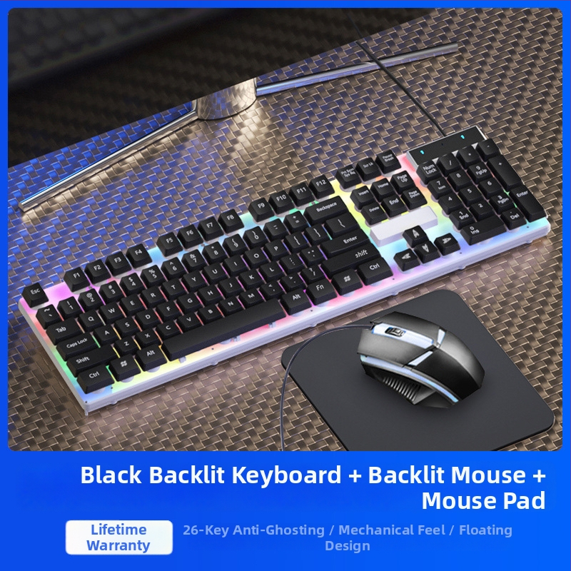 Káblový set klávesnice a myši s mechanickým pocitom, podsvietením, tichý, pre desktop a notebook – kancelária a gaming Esports