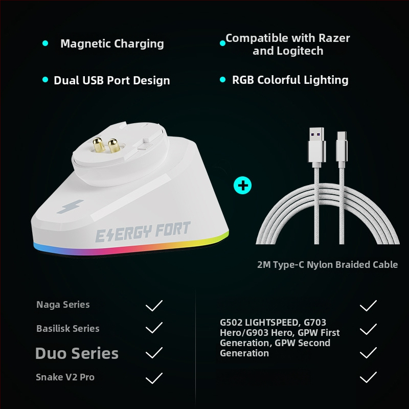 Зарядна база за мишка Logitech — USB интерфейс, 1,2 м кабел, 1000 DPI оптична резолюция, ABS корпус, 50 г