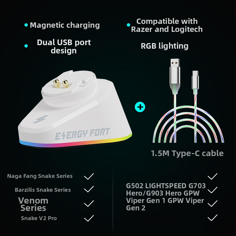 Зарядна база за мишка Logitech — USB интерфейс, 1,2 м кабел, 1000 DPI оптична резолюция, ABS корпус, 50 г