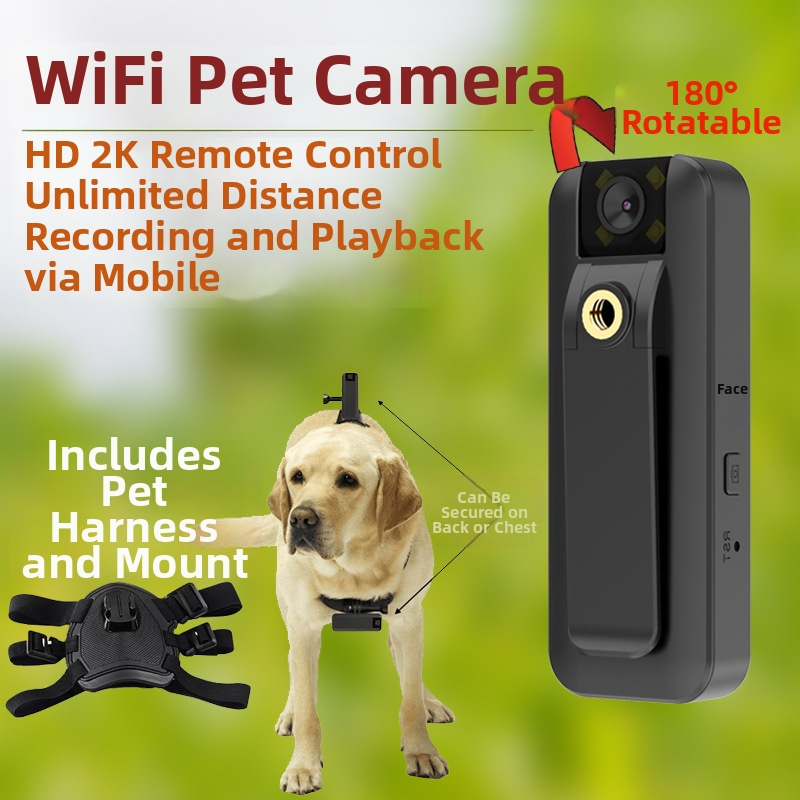 Kaķu un suņu aktīvā kamera ar perspektīvas video, skaņu, vlog režīmu, kakla vai krūšu stiprinājumu, gudro operētājsistēmu