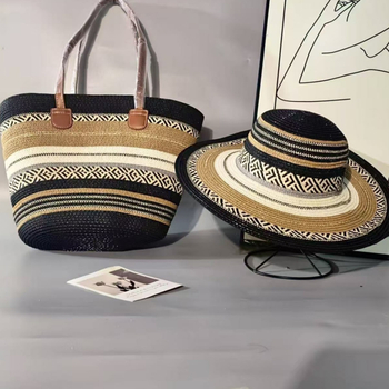 Set šešira od slame i tote torbe u boemskom etničkom stilu — sunčani šešir i bucket torba sa zatvaračem, podstava od poliestera i pamuka, Jesen 2025
