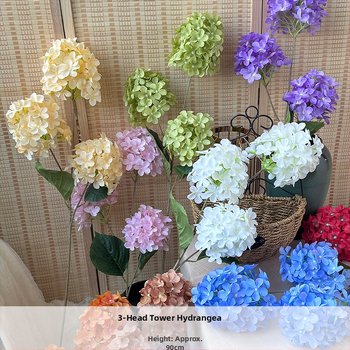 Orange hodvábne kvety, 3-hlavová pagodová hydrangea, kvetinová dekorácia s reliefovým štýlom pre svadbu a domovú výzdobu