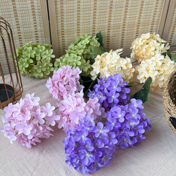 Orange hodvábne kvety, 3-hlavová pagodová hydrangea, kvetinová dekorácia s reliefovým štýlom pre svadbu a domovú výzdobu