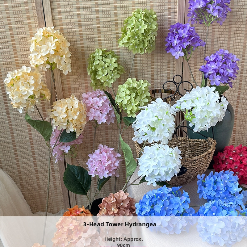 Orange hodvábne kvety, 3-hlavová pagodová hydrangea, kvetinová dekorácia s reliefovým štýlom pre svadbu a domovú výzdobu