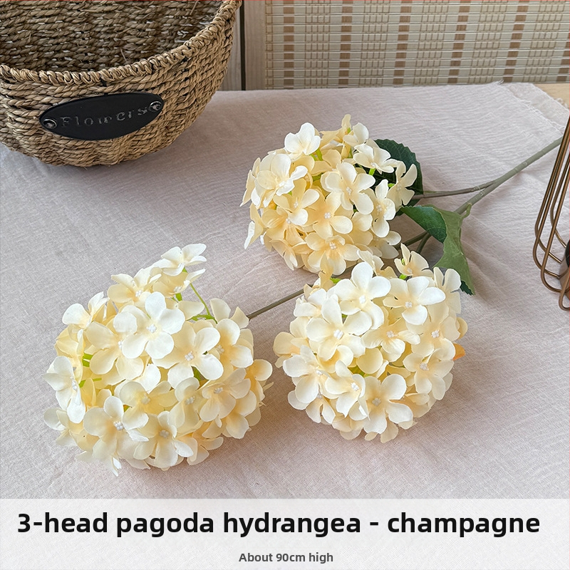 Orange hodvábne kvety, 3-hlavová pagodová hydrangea, kvetinová dekorácia s reliefovým štýlom pre svadbu a domovú výzdobu