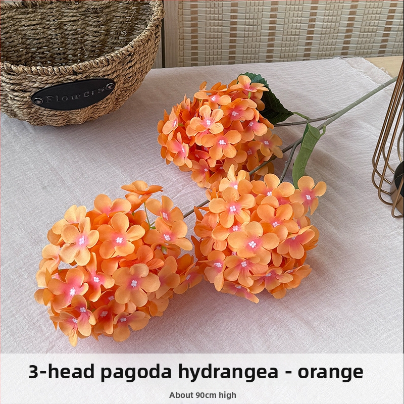 Orange hodvábne kvety, 3-hlavová pagodová hydrangea, kvetinová dekorácia s reliefovým štýlom pre svadbu a domovú výzdobu