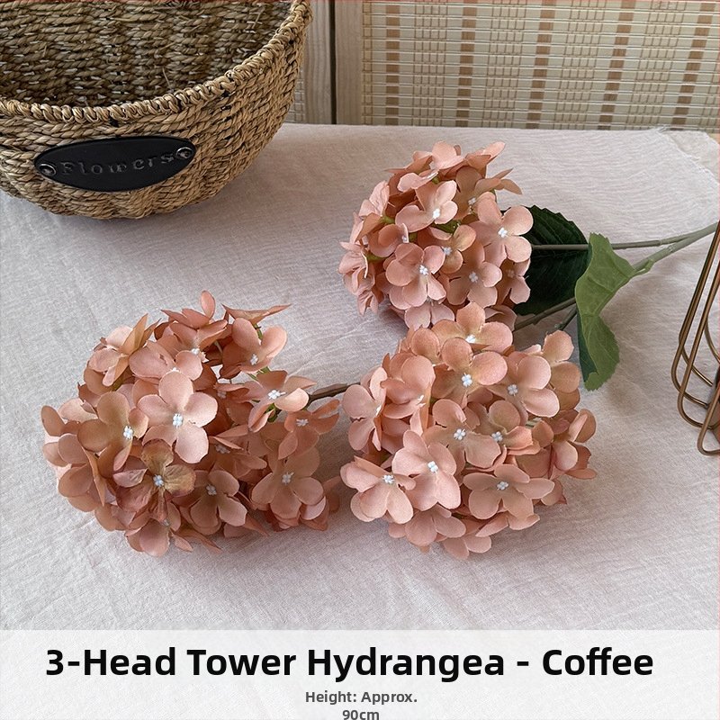 Orange hodvábne kvety, 3-hlavová pagodová hydrangea, kvetinová dekorácia s reliefovým štýlom pre svadbu a domovú výzdobu