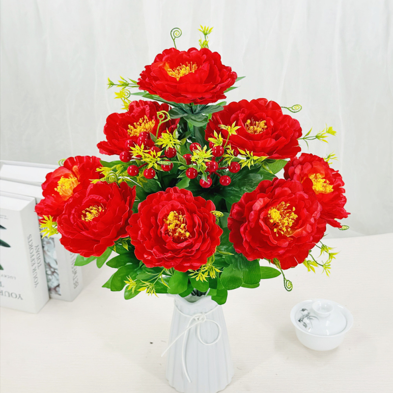 Mesterséges peónia virágcsokor, 10 fejű, műanyag és selyem/szárított virágok, beltéri és kültéri dekoráció