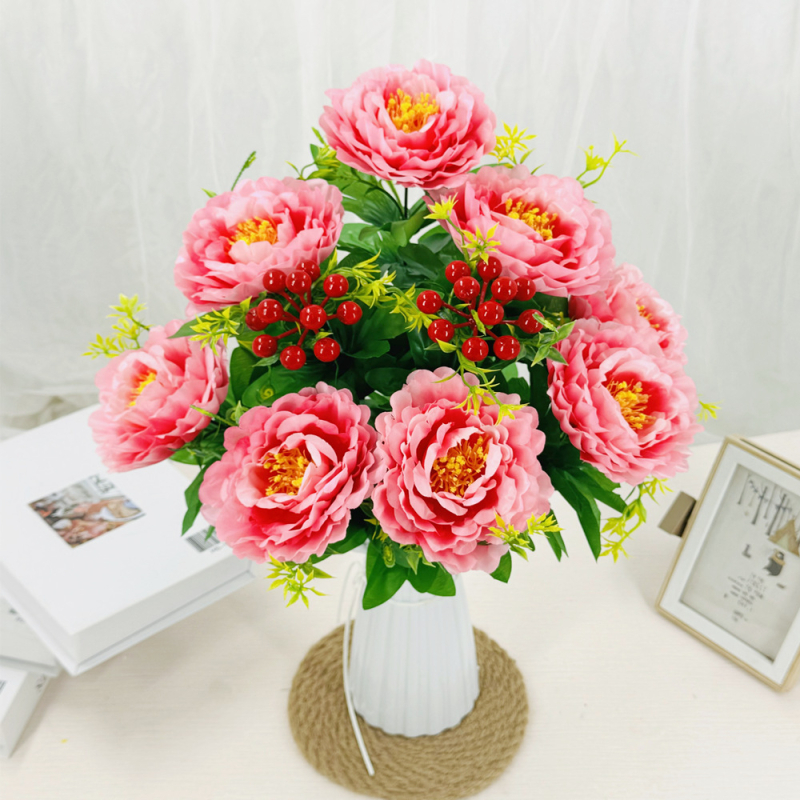 Mesterséges peónia virágcsokor, 10 fejű, műanyag és selyem/szárított virágok, beltéri és kültéri dekoráció