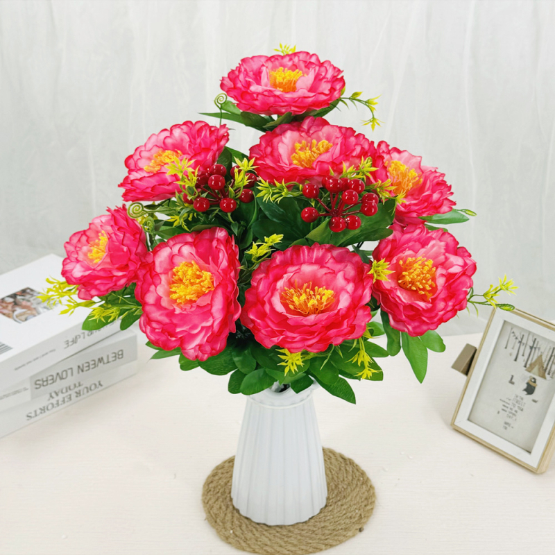Mesterséges peónia virágcsokor, 10 fejű, műanyag és selyem/szárított virágok, beltéri és kültéri dekoráció