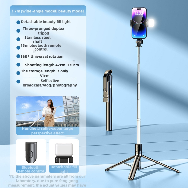 Bluetooth selfie stick ar telefonu, ar tripoda, pārnēsājams ceļojumu komplekts, rokas stabilizators, apgaismojums, tālvadība, materiāls nerūsējošais tērauds + ABS