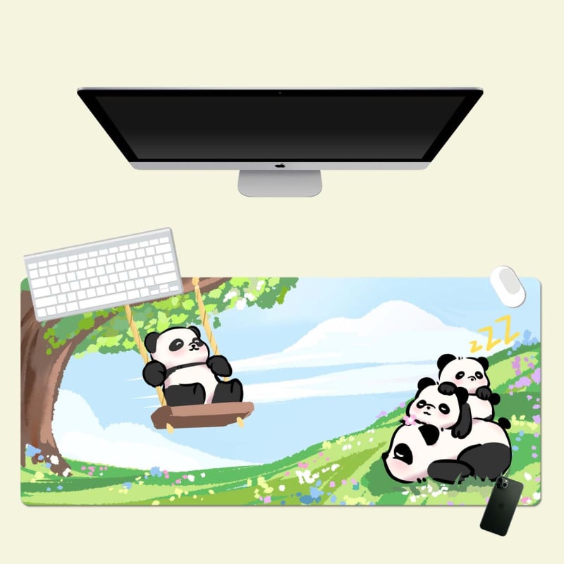 Prevelika podloga za miš s ručno oslikanim panda motivom, debeli rub, protuklizna površina, veliki stolni podmetač