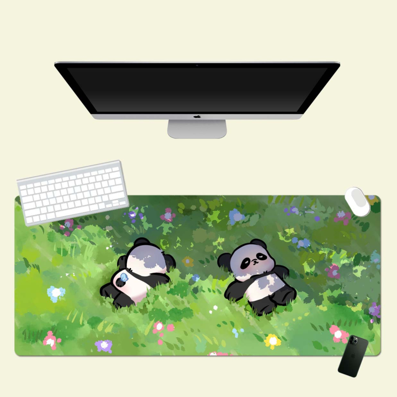 Prevelika podloga za miš s ručno oslikanim panda motivom, debeli rub, protuklizna površina, veliki stolni podmetač