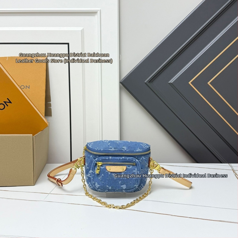 Denimová crossbody taška so zipsom, tvar vankúša, dvojitý popruh a vrecko na telefón — mestský štýl