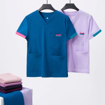 Унисекс комплект медицински облекла: горнище с къс ръкав и панталони, V-образно деколте; бързосъхнеща смес полиестер/памук (50–70% памук); подходящ за лято, пролет и есен.