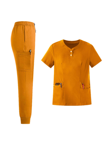 Set unisex de uniforme medicale – bluza cu decolteu în V, mâneci scurte + pantaloni lungi, material poliester-spandex care evacuează umezeala