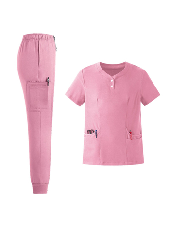 Set unisex de uniforme medicale – bluza cu decolteu în V, mâneci scurte + pantaloni lungi, material poliester-spandex care evacuează umezeala