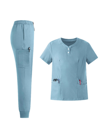 Set unisex de uniforme medicale – bluza cu decolteu în V, mâneci scurte + pantaloni lungi, material poliester-spandex care evacuează umezeala