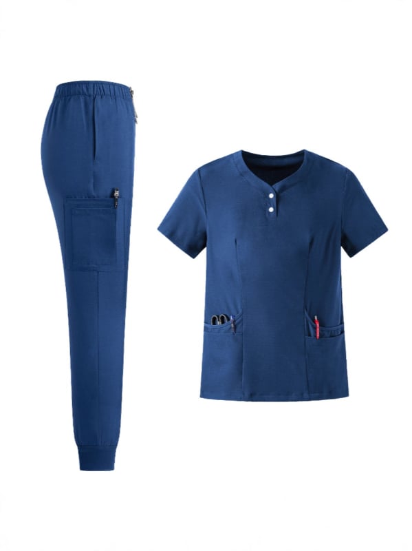 Set unisex de uniforme medicale – bluza cu decolteu în V, mâneci scurte + pantaloni lungi, material poliester-spandex care evacuează umezeala
