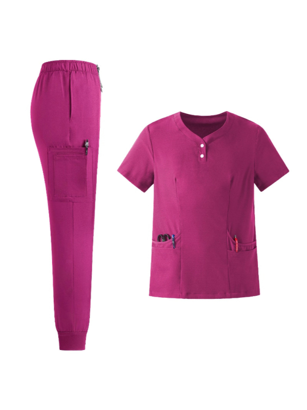 Set unisex de uniforme medicale – bluza cu decolteu în V, mâneci scurte + pantaloni lungi, material poliester-spandex care evacuează umezeala