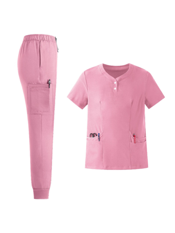 Set unisex de uniforme medicale – bluza cu decolteu în V, mâneci scurte + pantaloni lungi, material poliester-spandex care evacuează umezeala