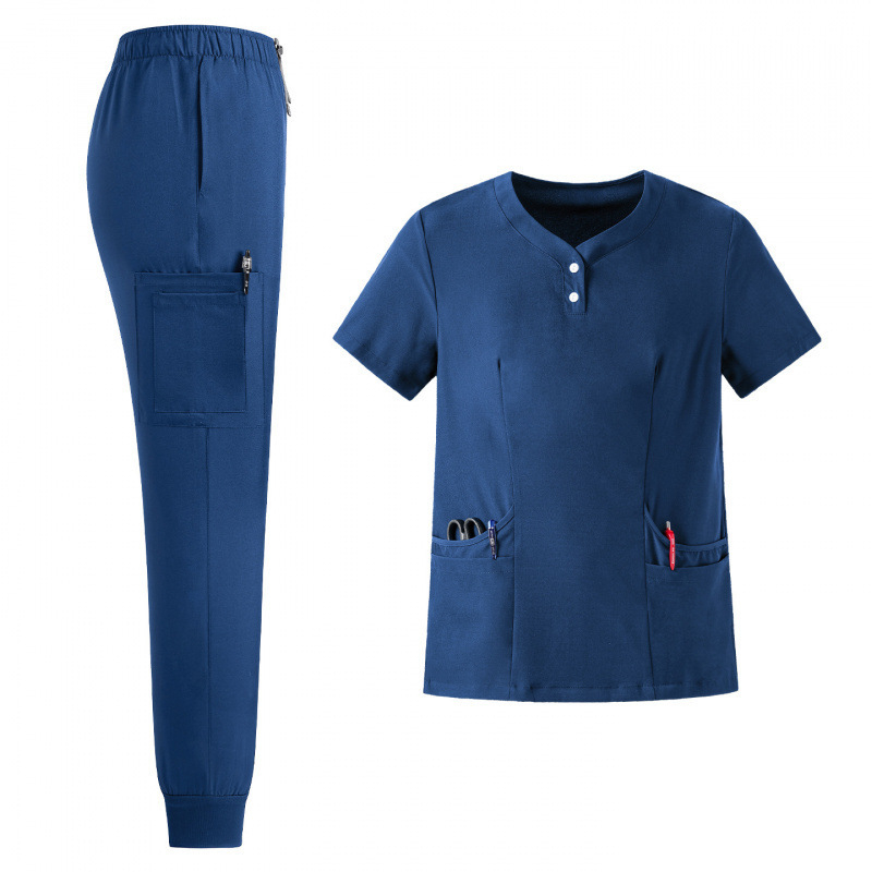 Set unisex de uniforme medicale – bluza cu decolteu în V, mâneci scurte + pantaloni lungi, material poliester-spandex care evacuează umezeala