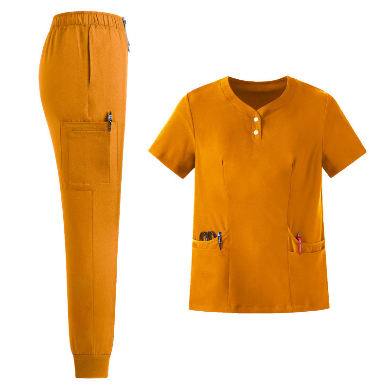 Set unisex de uniforme medicale – bluza cu decolteu în V, mâneci scurte + pantaloni lungi, material poliester-spandex care evacuează umezeala