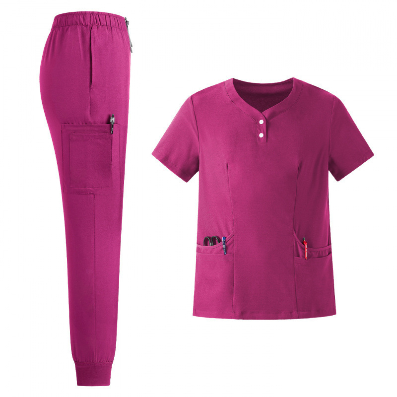 Set unisex de uniforme medicale – bluza cu decolteu în V, mâneci scurte + pantaloni lungi, material poliester-spandex care evacuează umezeala