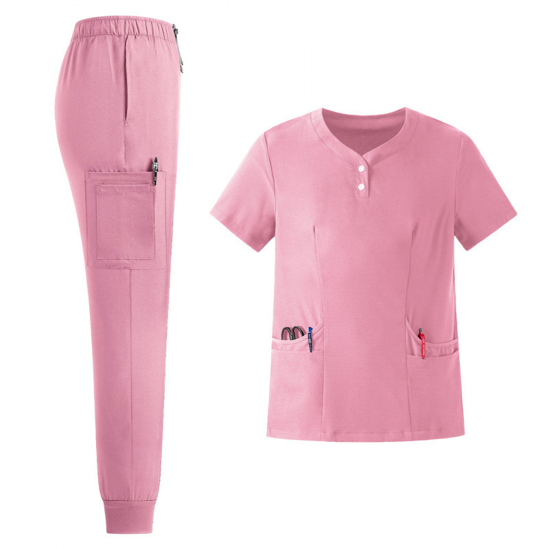 Set unisex de uniforme medicale – bluza cu decolteu în V, mâneci scurte + pantaloni lungi, material poliester-spandex care evacuează umezeala