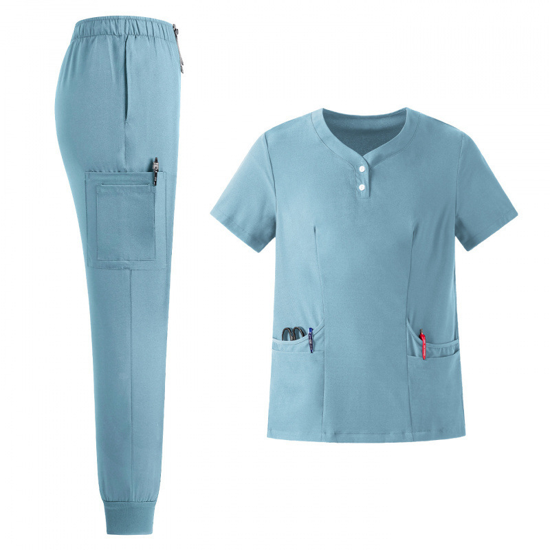 Set unisex de uniforme medicale – bluza cu decolteu în V, mâneci scurte + pantaloni lungi, material poliester-spandex care evacuează umezeala