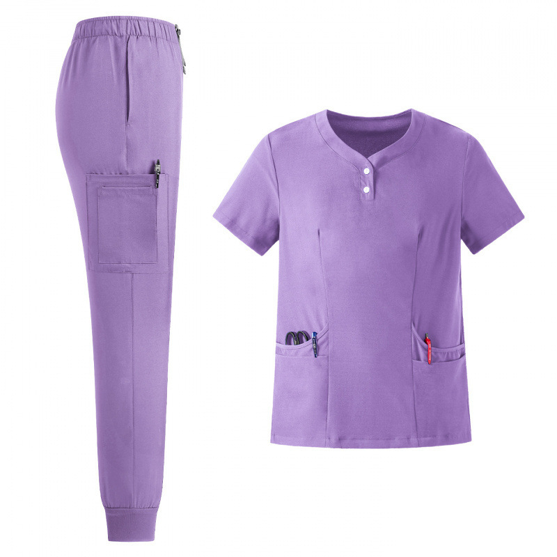 Set unisex de uniforme medicale – bluza cu decolteu în V, mâneci scurte + pantaloni lungi, material poliester-spandex care evacuează umezeala