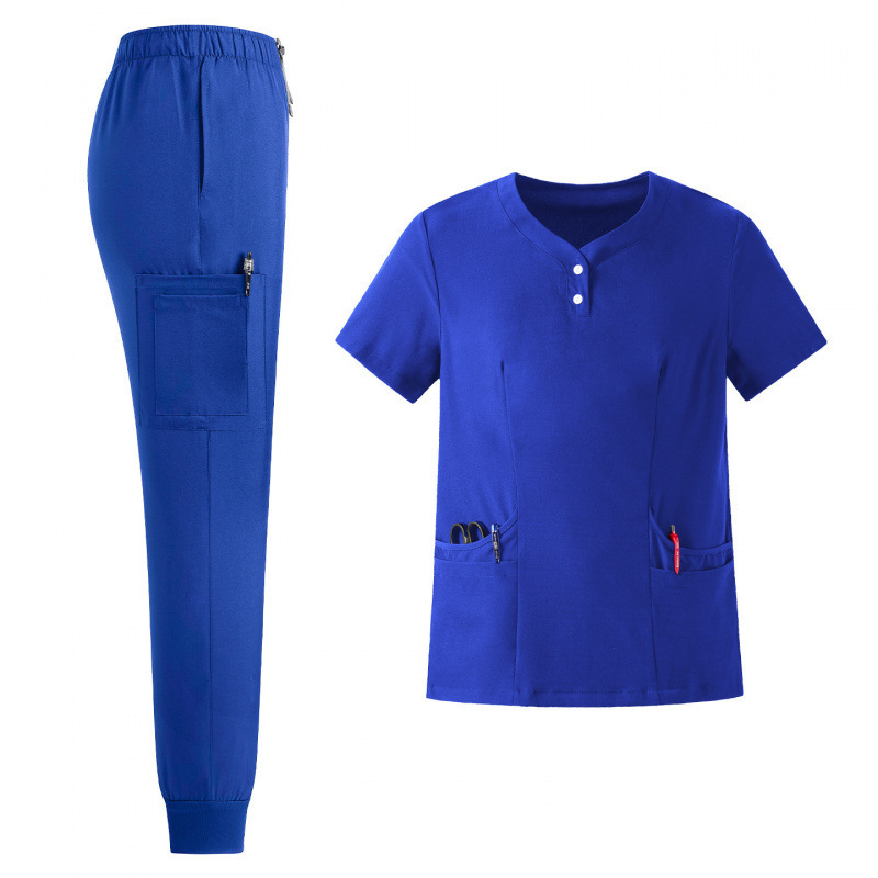 Set unisex de uniforme medicale – bluza cu decolteu în V, mâneci scurte + pantaloni lungi, material poliester-spandex care evacuează umezeala